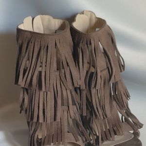 New Women's Taupe Suede Fringe Ankle Bootie Heels